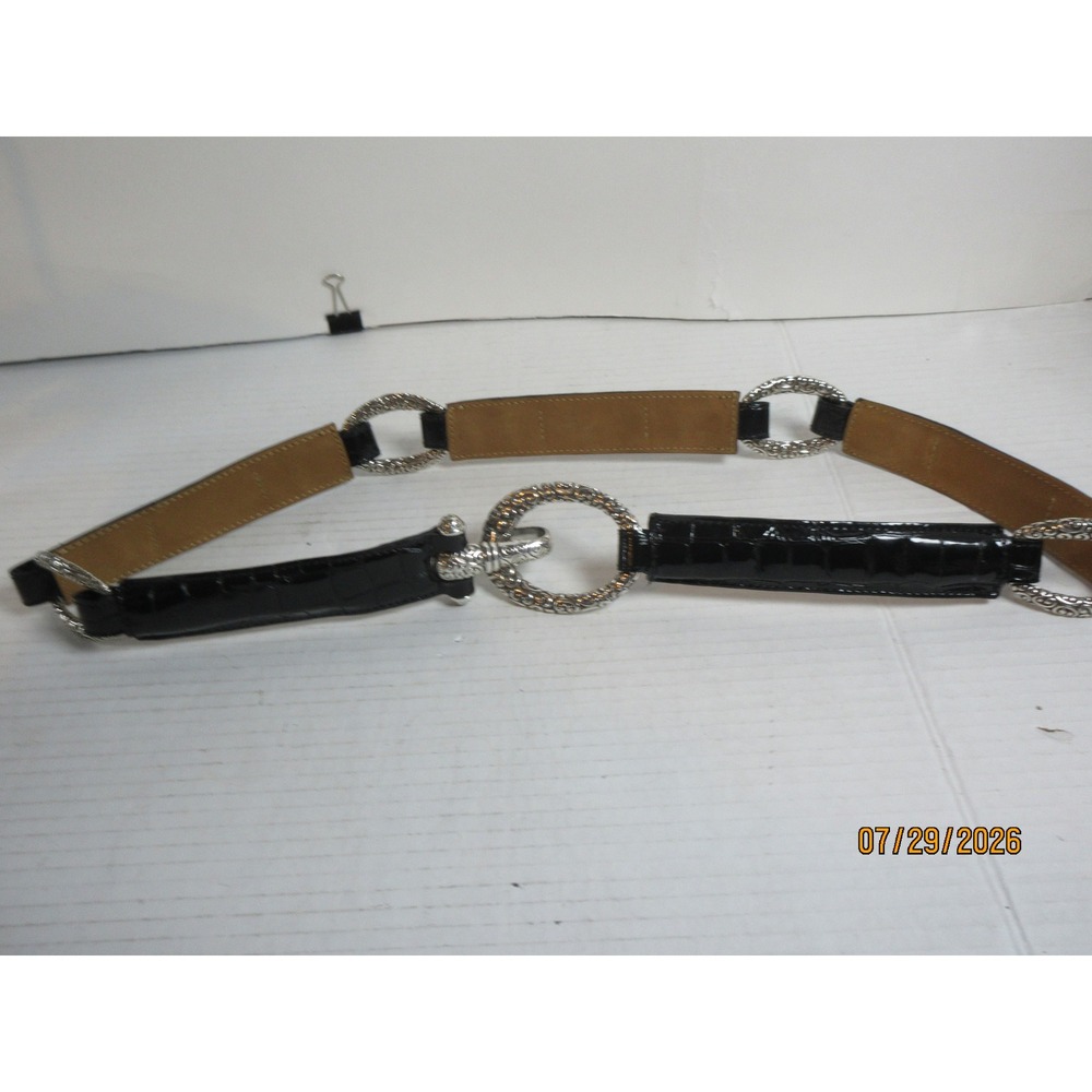 Brighton Black Croc Embossed Patent Leather Link Belt Silver Ornate Hardware 38